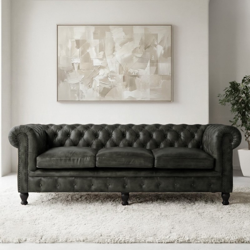 Chesterfield-Sofa aus schwarzem Echtleder, 3-Sitzer - Edward