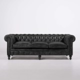 Chesterfield-Sofa aus schwarzem Echtleder, 3-Sitzer - Edward