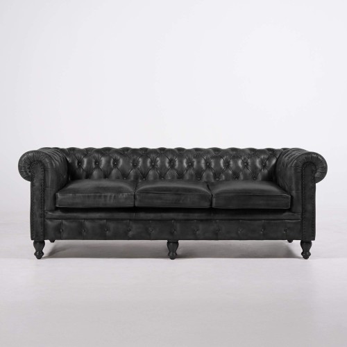Chesterfield-Sofa aus schwarzem Echtleder, 3-Sitzer - Edward