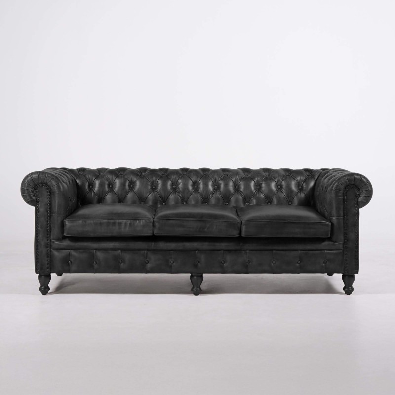 Chesterfield-Sofa aus schwarzem Echtleder, 3-Sitzer - Edward