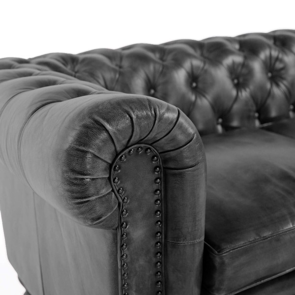 Chesterfield-Sofa aus schwarzem Echtleder, 3-Sitzer - Edward