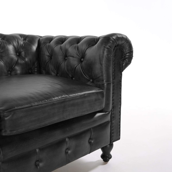 Chesterfield-Sofa aus schwarzem Echtleder, 3-Sitzer - Edward