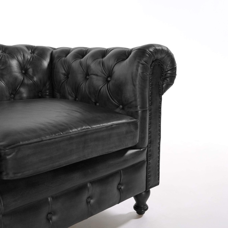 Chesterfield-Sofa aus schwarzem Echtleder, 3-Sitzer - Edward