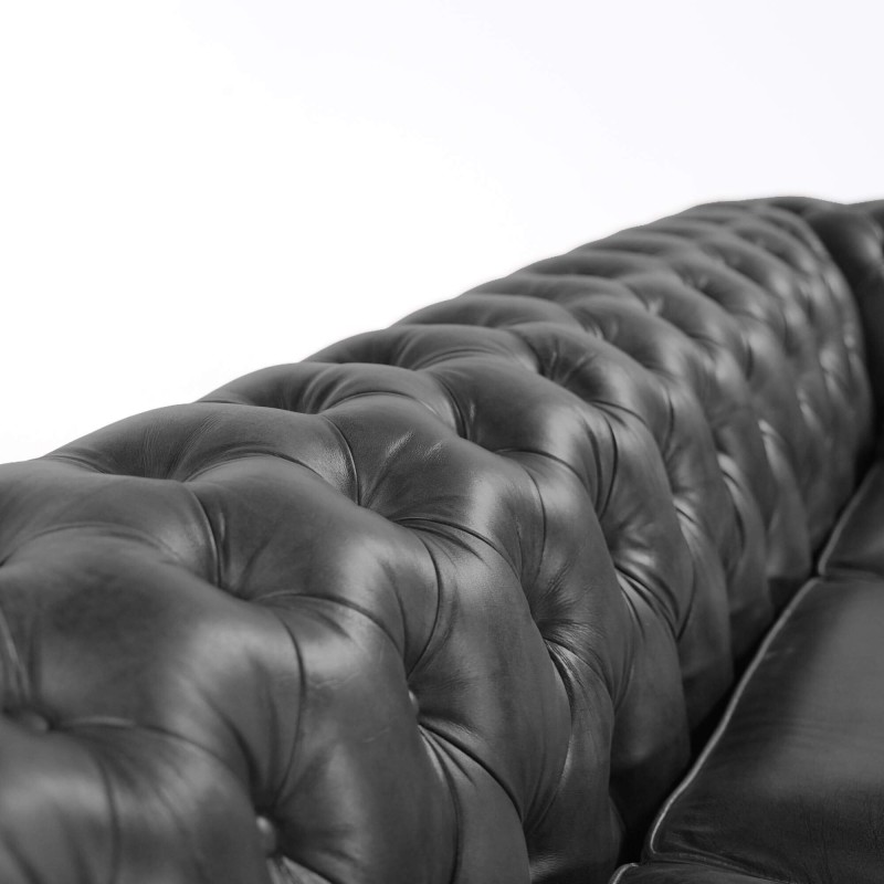 Chesterfield-Sofa aus schwarzem Echtleder, 3-Sitzer - Edward