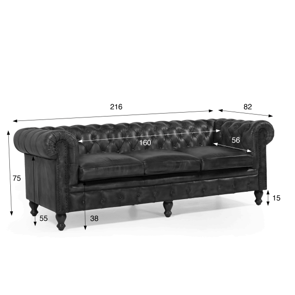 Chesterfield-Sofa aus schwarzem Echtleder, 3-Sitzer - Edward