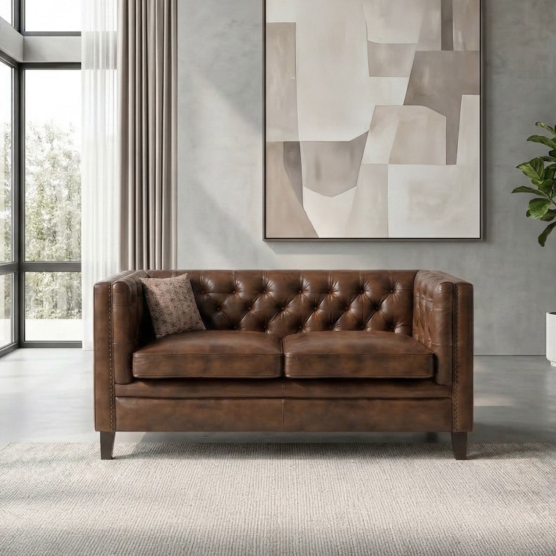 Braunes Kapitoniertes 2-Sitzer-Sofa aus Büffelleder Chesterfield – Charles