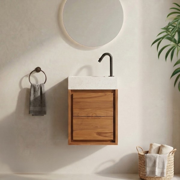 Hängender Handwaschbeckenunterschrank aus massivem Teakholz und weißem Terrazzowaschbecken - Tanvi
