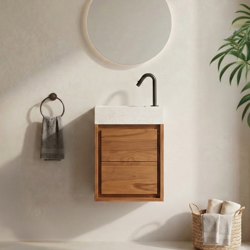 Hängender Handwaschbeckenunterschrank aus massivem Teakholz und weißem Terrazzowaschbecken - Tanvi