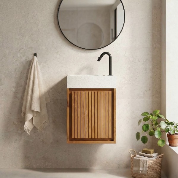 Hängender Handwaschbeckenunterschrank aus massivem Teakholz und weißem Terrazzowaschbecken - Tusti
