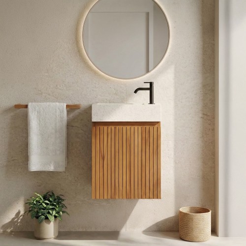 Hängender Handwaschbeckenunterschrank aus massivem Teakholz und weißem Terrazzowaschbecken - Trishna