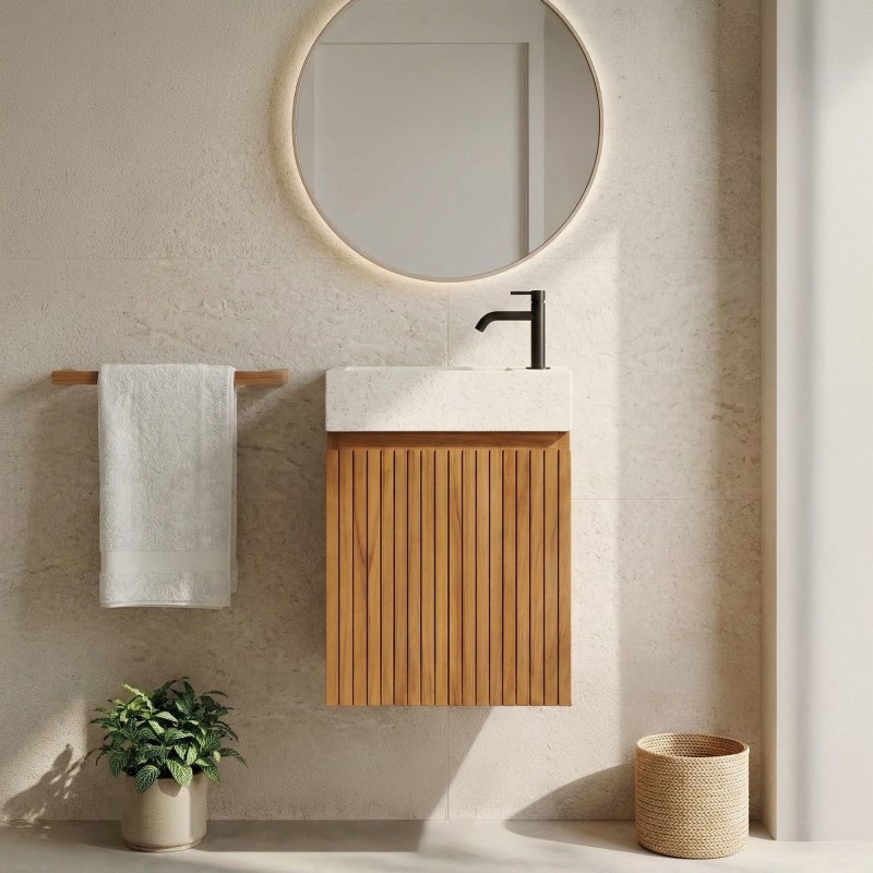 Hängender Handwaschbeckenunterschrank aus massivem Teakholz und weißem Terrazzowaschbecken - Trishna
