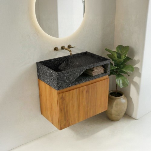 Hängendes Handwaschbecken aus massivem Teakholz und schwarzem Terrazzowaschbecken - Tanja