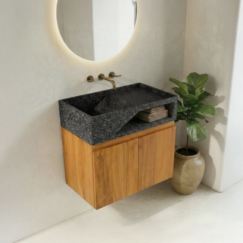 Hängendes Handwaschbecken aus massivem Teakholz und schwarzem Terrazzowaschbecken - Tanja