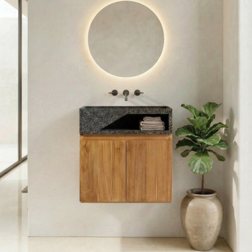 Hängendes Handwaschbecken aus massivem Teakholz und schwarzem Terrazzowaschbecken - Tanja