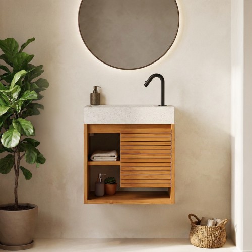 Hängendes Handwaschbecken aus massivem Teakholz und Waschbecken aus weißem Terrazzo - Balamani