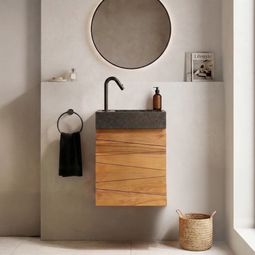 Hängendes Handwaschbecken aus massivem Teakholz und Waschbecken aus schwarzem Terrazzo - Rehana
