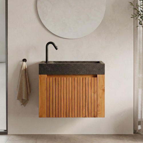 Hängendes Handwaschbecken aus massivem Teakholz und Waschbecken aus schwarzem Terrazzo - Nila