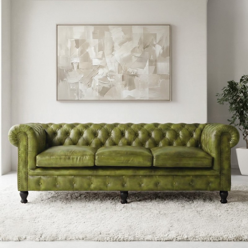 Chesterfield-Sofa aus grünem Echtleder, 3-Sitzer - Edward