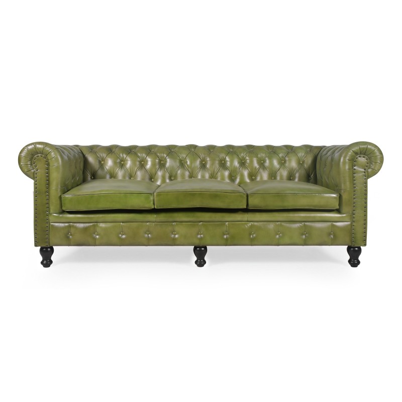 Chesterfield-Sofa aus grünem Echtleder, 3-Sitzer - Edward