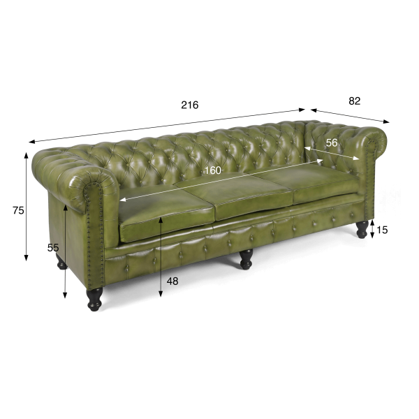 Chesterfield-Sofa aus grünem Echtleder, 3-Sitzer - Edward