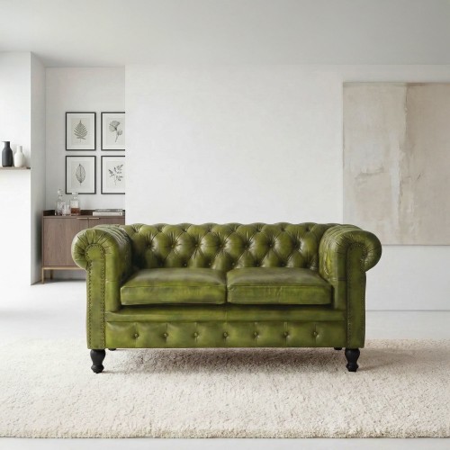 Chesterfield-Sofa aus grünem Echtleder, 2-Sitzer - Edward