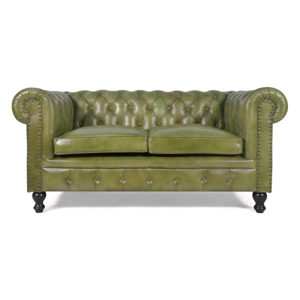 Chesterfield-Sofa aus grünem Echtleder, 2-Sitzer - Edward