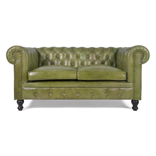 Chesterfield-Sofa aus grünem Echtleder, 2-Sitzer - Edward