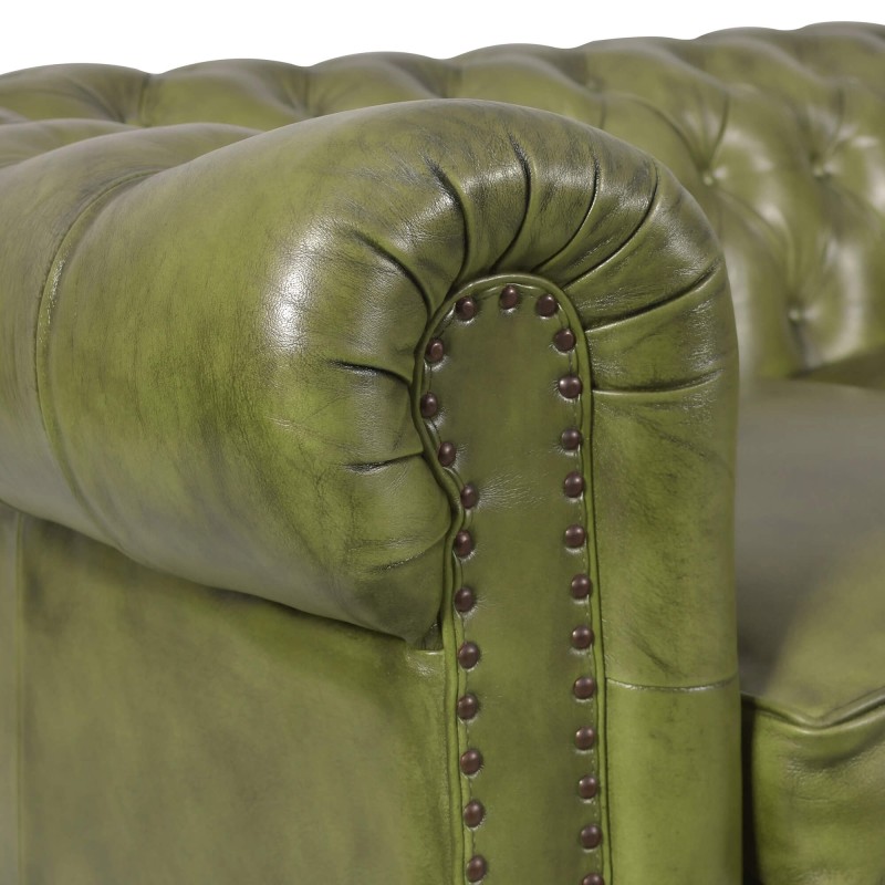 Chesterfield-Sofa aus grünem Echtleder, 2-Sitzer - Edward