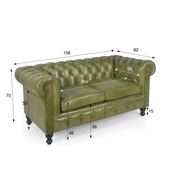 Chesterfield-Sofa aus grünem Echtleder, 2-Sitzer - Edward