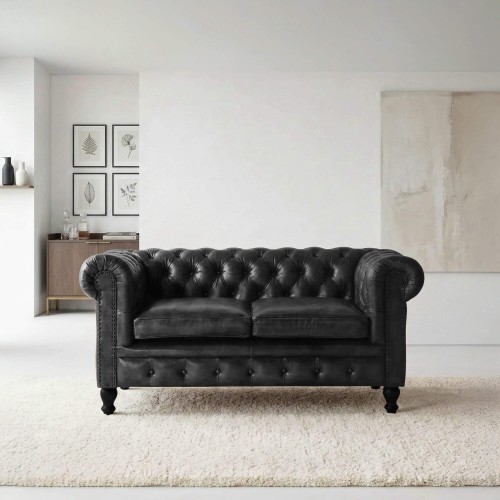 Chesterfield-Sofa aus schwarzem Echtleder, 2-Sitzer - Edward