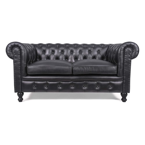 Chesterfield-Sofa aus schwarzem Echtleder, 2-Sitzer - Edward