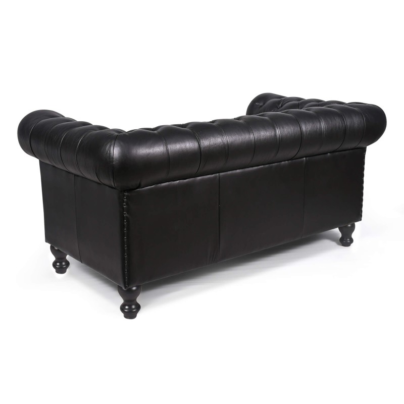Chesterfield-Sofa aus schwarzem Echtleder, 2-Sitzer - Edward