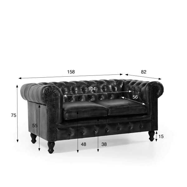 Chesterfield-Sofa aus schwarzem Echtleder, 2-Sitzer - Edward