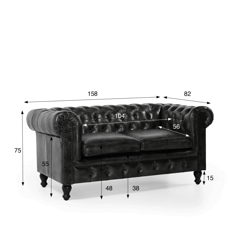 Chesterfield-Sofa aus schwarzem Echtleder, 2-Sitzer - Edward