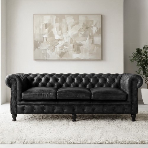 Chesterfield-Sofa aus schwarzem Echtleder, 3-Sitzer - Edward