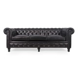 Chesterfield-Sofa aus schwarzem Echtleder, 3-Sitzer - Edward