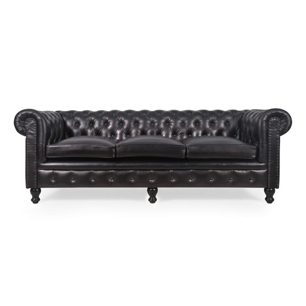 Chesterfield-Sofa aus schwarzem Echtleder, 3-Sitzer - Edward