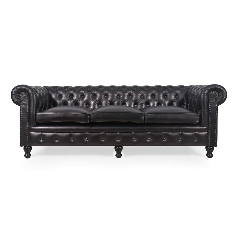 Chesterfield-Sofa aus schwarzem Echtleder, 3-Sitzer - Edward