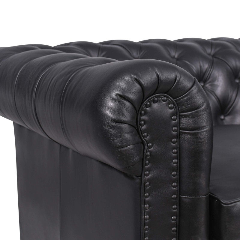 Chesterfield-Sofa aus schwarzem Echtleder, 3-Sitzer - Edward