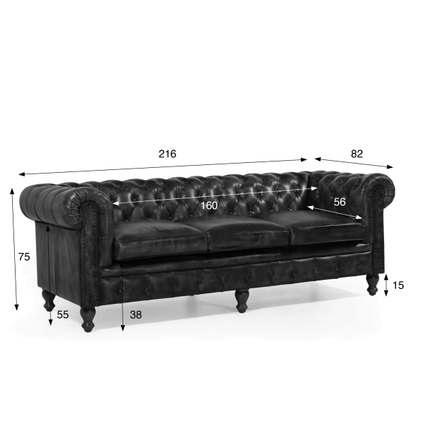 Chesterfield-Sofa aus schwarzem Echtleder, 3-Sitzer - Edward