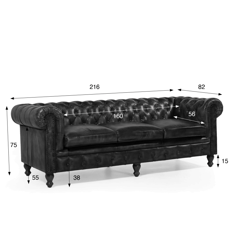 Chesterfield-Sofa aus schwarzem Echtleder, 3-Sitzer - Edward
