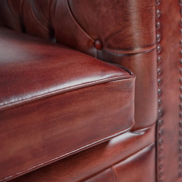 Chesterfield-Sofa aus bordeauxfarbenem Echtleder, 3-Sitzer - Edward