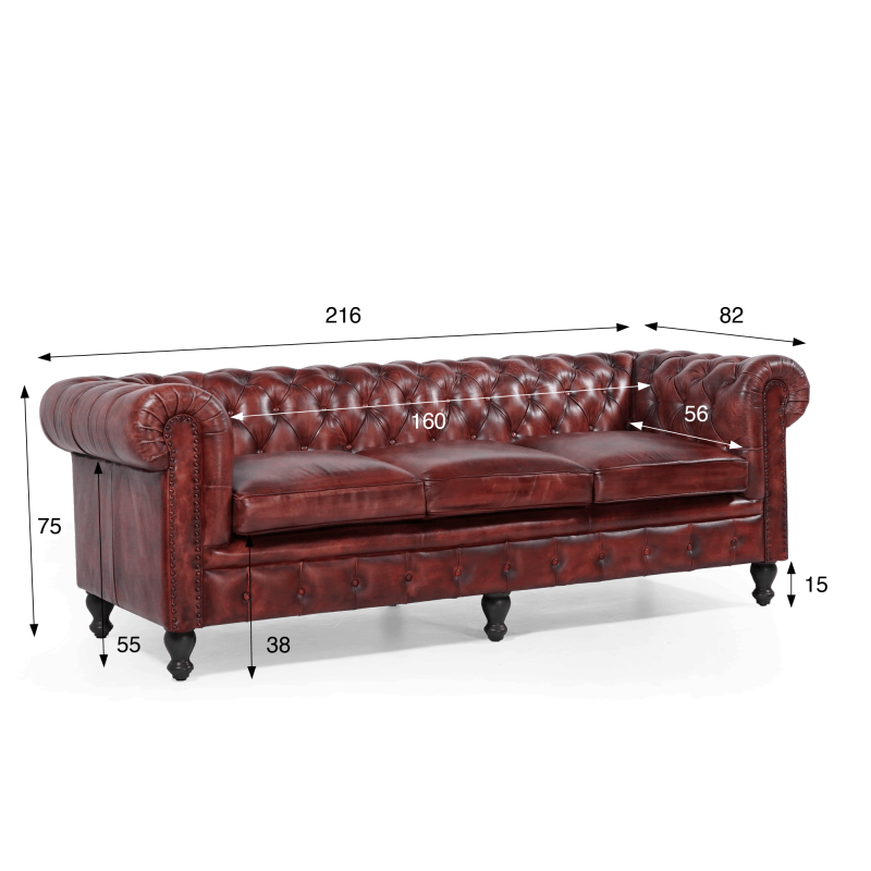 Chesterfield-Sofa aus bordeauxfarbenem Echtleder, 3-Sitzer - Edward