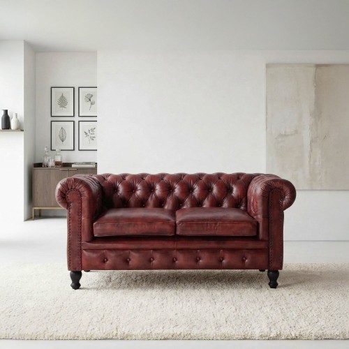 Chesterfield-Sofa aus bordeauxfarbenem Echtleder, 2-Sitzer - Edward