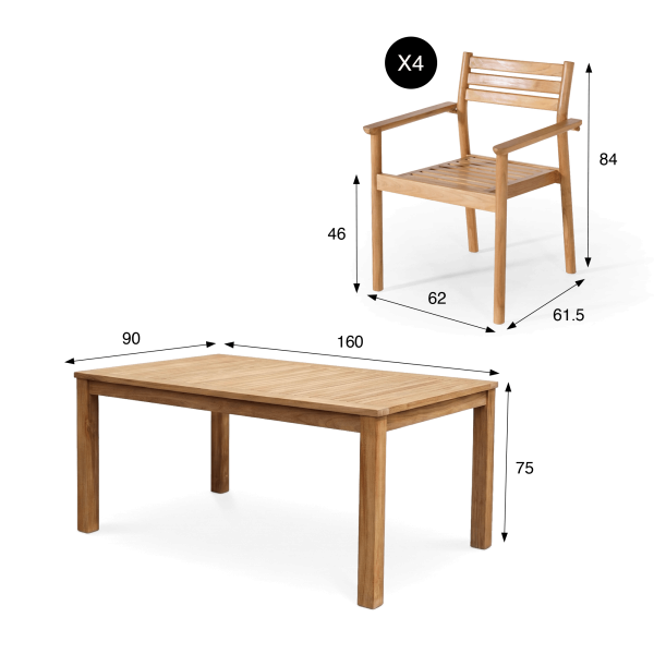 Gartenmöbel-Set aus Tisch und Stühlen aus Teakholz für 4 Personen