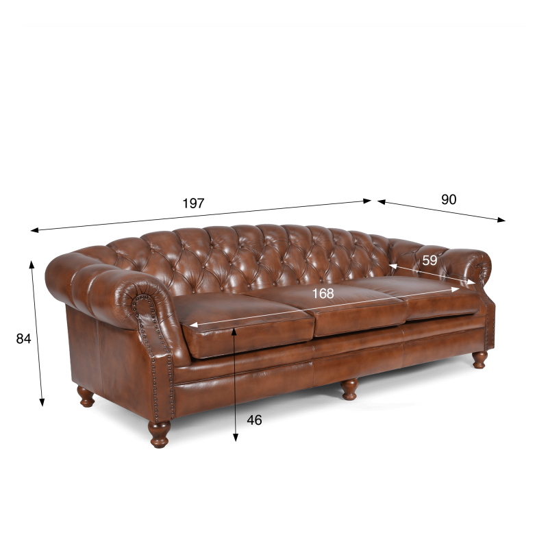 Chesterfield-Sofa aus braunem Echtleder, 3-Sitzer - Harold