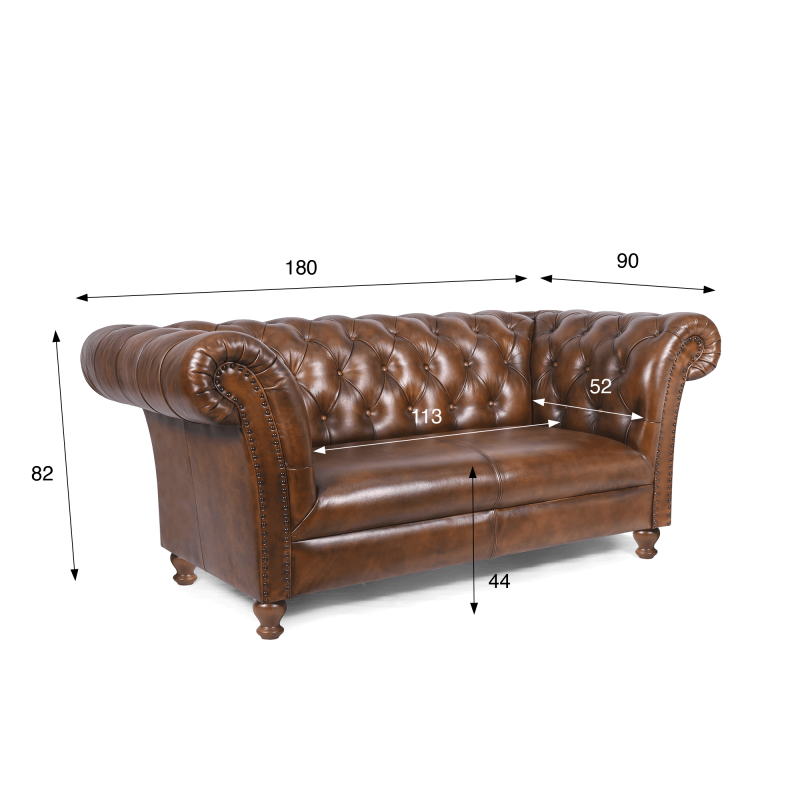 Chesterfield-Sofa aus braunem Echtleder, 2-Sitzer - Henry