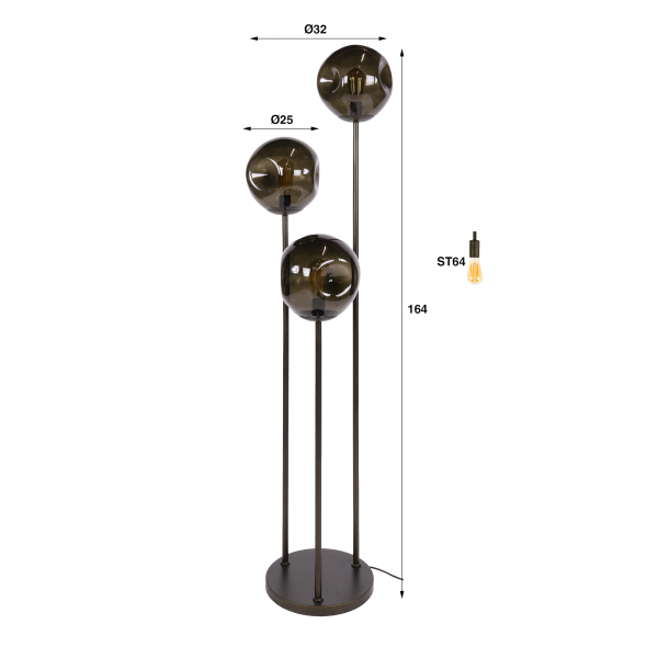 Stehlampe im industriellen Stil aus Metall mit Glaslampenschirmen – Caleo