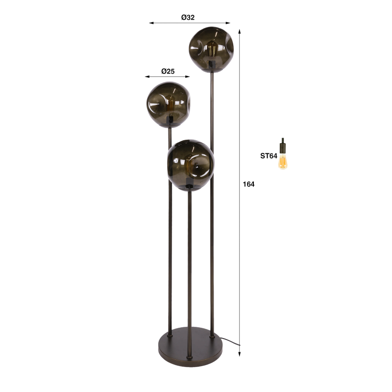 Stehlampe im industriellen Stil aus Metall mit Glaslampenschirmen – Caleo