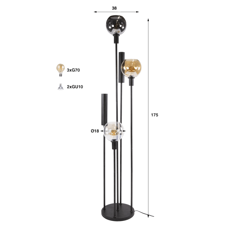 Wohnzimmer-Stehlampe mit Glasschirm und schwarzem Metall - Sfera